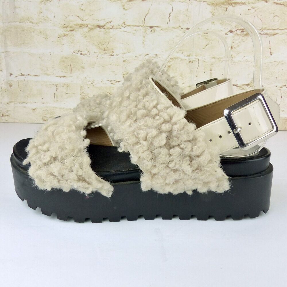 Urban Outfitters Sandal Womens 7 Beige Lexi Faux Sherpa Straps Platform Gorpcore - Picture 8 of 14